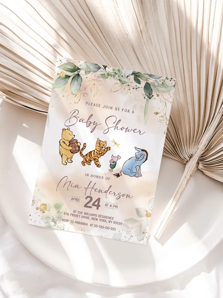 Classic Winnie Pooh Baby Shower Invitation; Pooh Baby Shower Editable Template; Girl Pink Flowers Baby Shower; Baby Shower trend of 2023