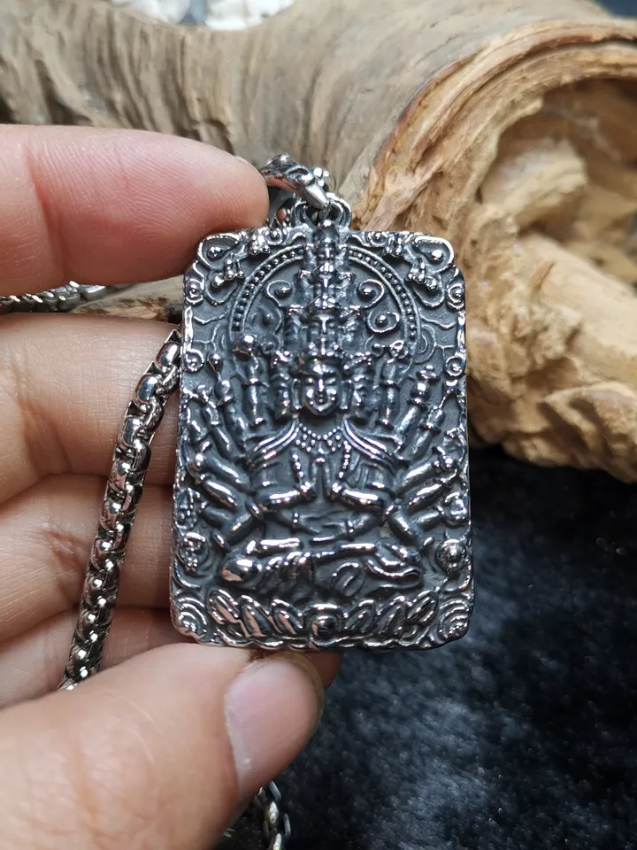 Gandhanra Handmade Titanium Steel Amulet Tag Necklace,Chenrezig,Padmapani,Avalokitesvara, Tibetan Buddhist Jewelry,Protection Necklace