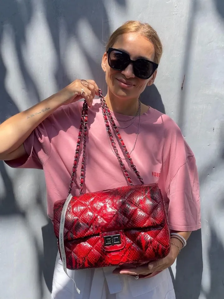 Genuine python skin classy stitched big crossbody | designer women leather handbag |red snakeprint bag | crossbody purse | gift for her