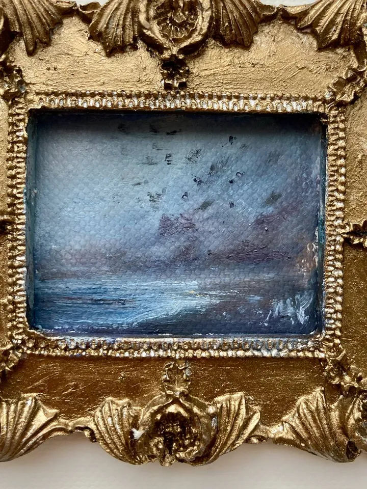 Small Landscape Oil Painting Framed Original Dark Ocean Art Coastal Antique Frame Tiny Paintings 3 x 4 Art Victorian artwork