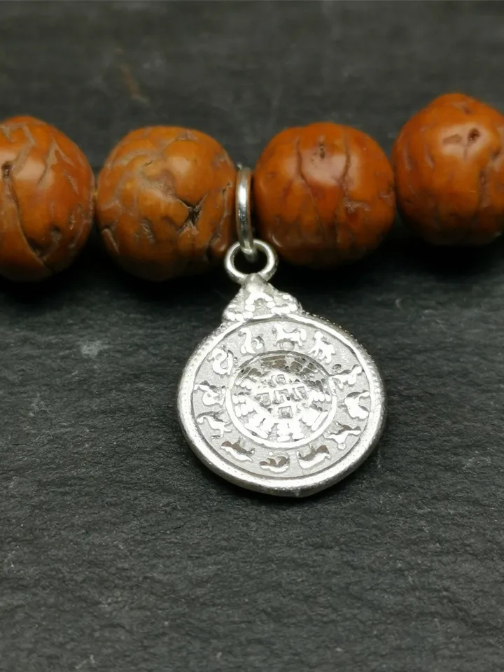 Gandhanra Handmade Tibetan Buddhist Calendar Badge Pendant,Kalachakra Amulet for Mala,Necklace,Made of Sterling Silver,Small Size 0.6"