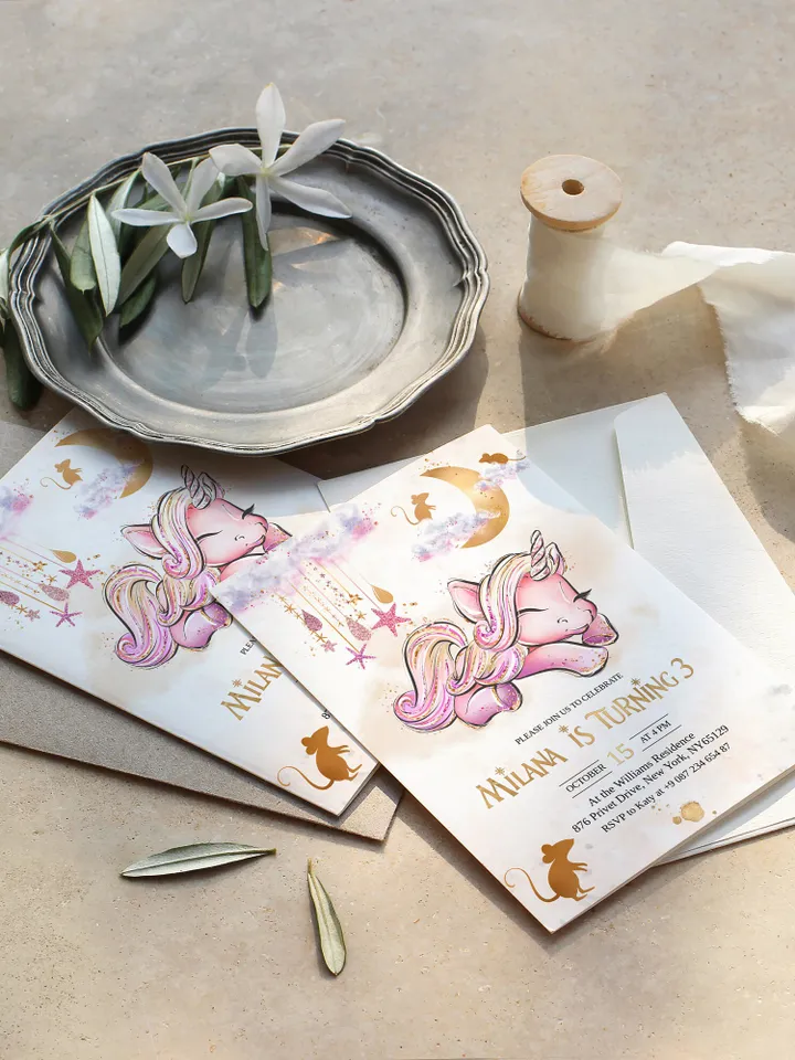 Unicorn Birthday Invitation Editable Unicorn Party Invitation Magical Day is on the Way Magical Birthday Girl Pink Rose Gold Invitation; uc1