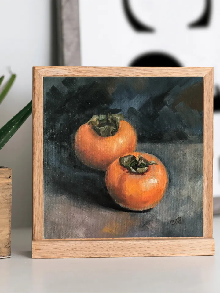 Fruit Still Life Original Oil Painting Persimmon Painting Kitchen Wall Art Fruit Small Oil Painting