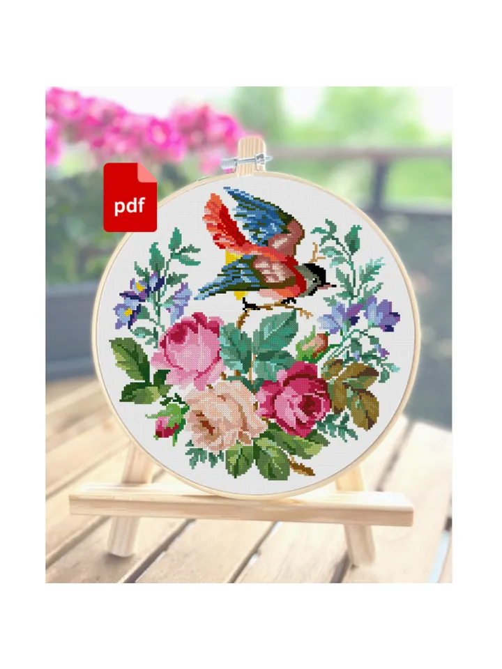 Bird on a branch in flowers vintage cross stitch pattern, Reconstructed Vintage flowers cross stitch scheme embroidery