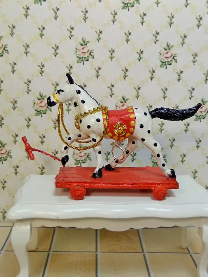 Horse on a cart. Dollhouse toy.1:12 scale.