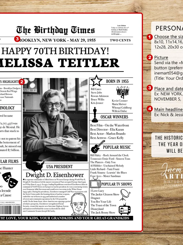 70th birthday PERSONALIZED Poster, 70th birthday Newspaper, 70th birthday decoration, 70th birthday gift for women or men, DIGITAL FILE