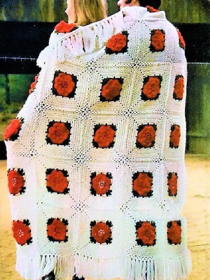 Crochet blanket “Red rose “, crochet pattern blanket , vintage blanket granny squares blanket