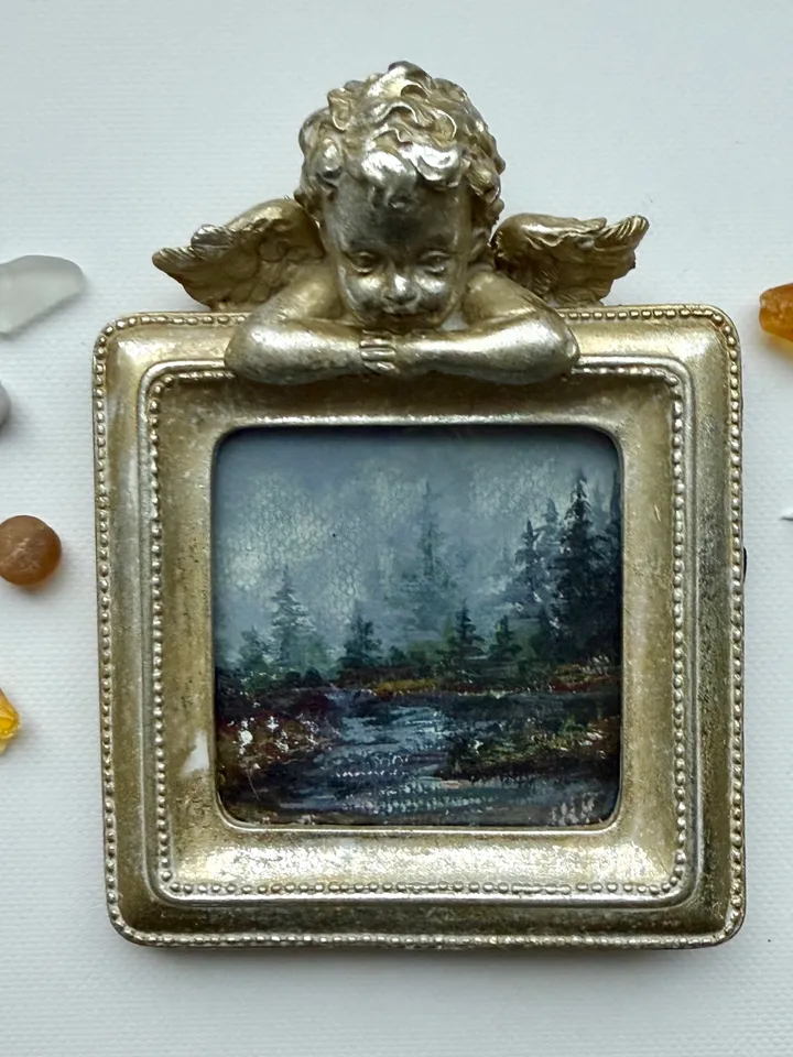 Small Landscape Painting Framed Original Foggy Cliff Painting Antique Misty Art Coastal Gold Frame Tiny Paintings 4 x 4 Art Victorian artwork