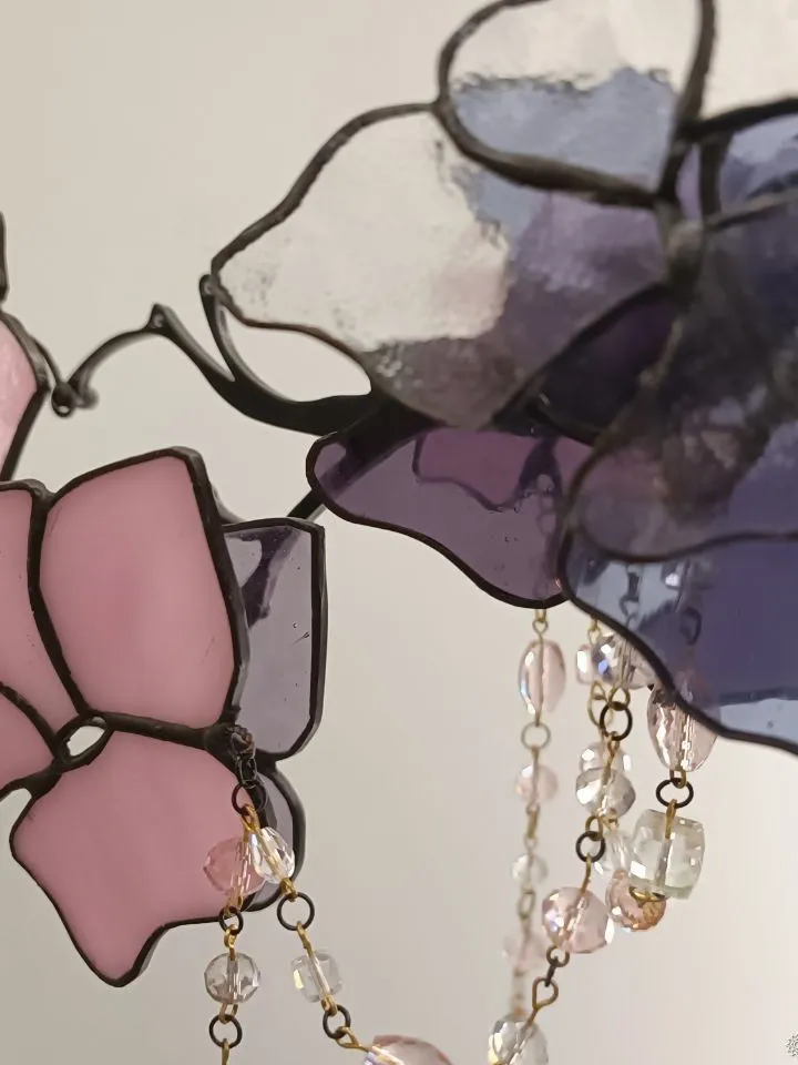 3D Pink and Purple Stained Glass Branch, 3D Pink and Purple Stained Glass Branch, Pink-Purple Floral Branch in 3D Stained Glass, 3D Stained Glass Blossom Branch in Rose and Violet, Handcrafted 3D Stained Glass Flowering Twig, Rose-Violet Glass Flower Stem
