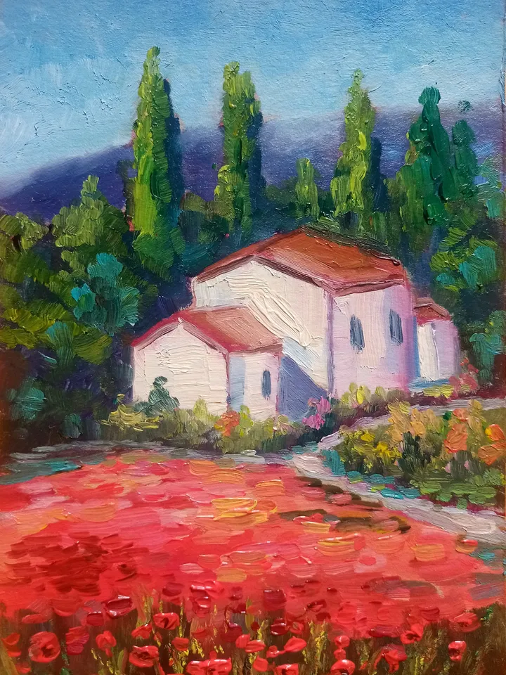 Field of poppies, house, colorful bright landscape, oil painting, impressionism red painting, rustic wildflowers, poppy art work drawing