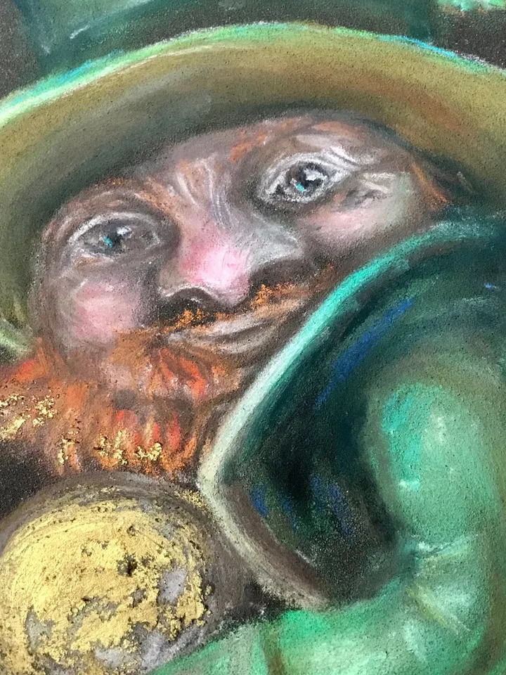 Funny leprechaun with a golden coin painting ,original soft pastel painting on specialized paper,,Irish leprechaun wall art,special gift.