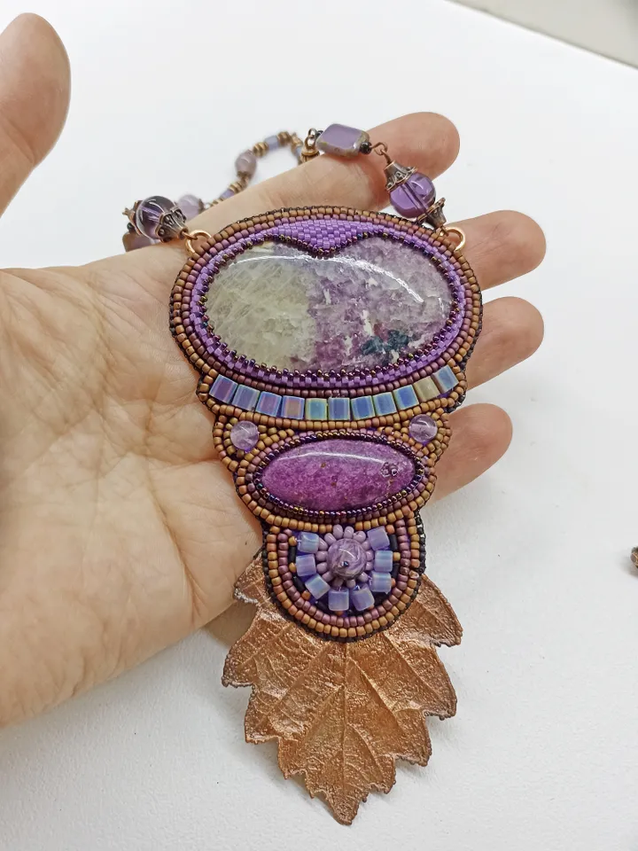Bead embroidered violet necklace with Lepidolite, Sugilite, Charoite and Amethyst gemstones and an electroformed oak leaf Boho jewelry OOAK