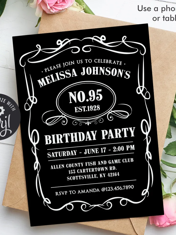 95th Birthday Invitation for Men, Vintage Whiskey Themed Birthday Invitation, Birthday Party Invite, Liquor Themed Birthday Invitation