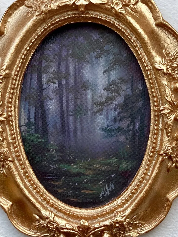Forest Landscape Oil Painting Original In Vintage Style Frame Small Framed Oval Painting Art
