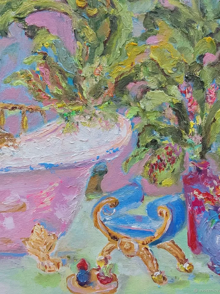 "Wild cat at SPA" oil painting on canvas 40x30cm (16x12inch)