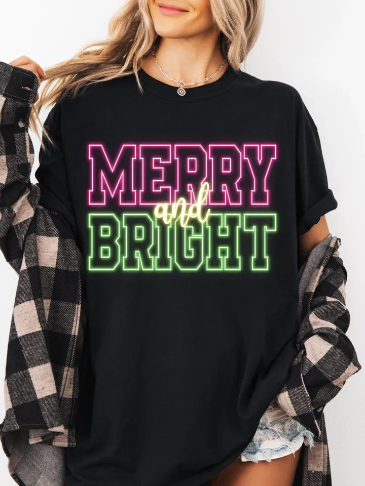 Merry and Bright PNG Merry Christmas Neon Trendy Letters PNG Pastel Christmas PNG Christmas Lights, Shiny Christmas, Trendy Neon Christmas
