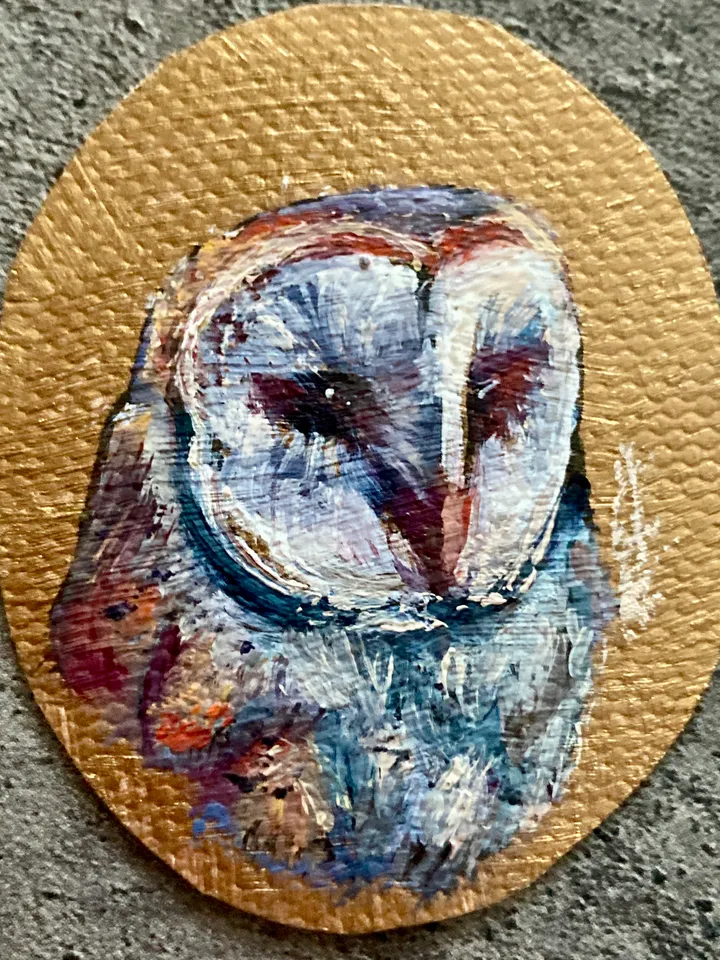 Owl Oil Painting Original In Vintage Style Heart Frame Small Framed Bird Art Barn Owl