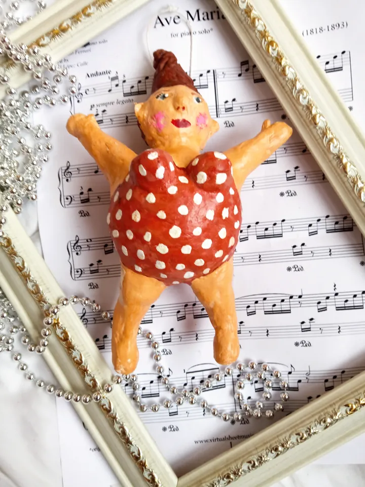 Whimsical Flying Woman Ornament - Unique Handmade Decor or Fanny Gift. Christmas tree toy. Spun cotton doll Holidays gifts