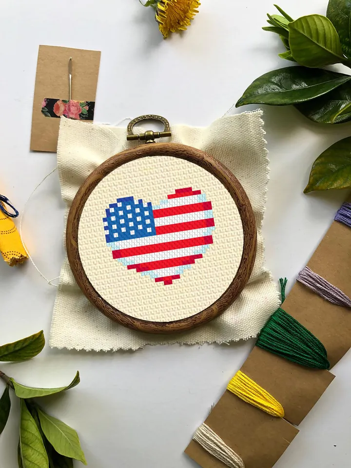American flag heart cross stitch pattern PDF download Patriotic cross stitch chart, Independence Day 4th of July, USA flag cross stitch #T18