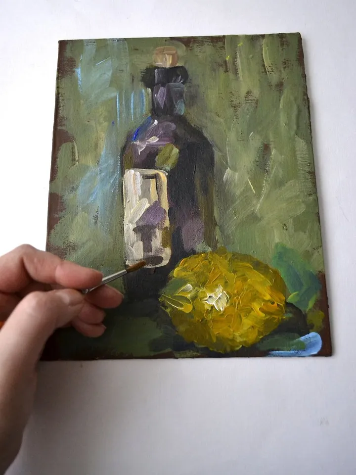 Wine Painting Lemon Original Impasto Painting Wine Bottle Art