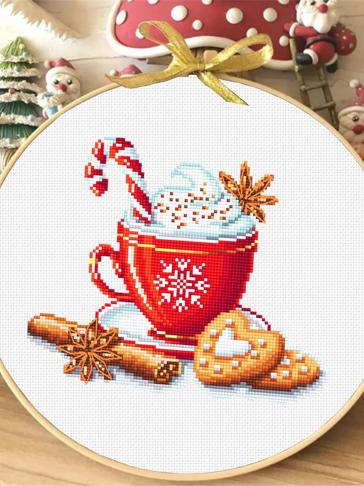 Christmas coffee cross stitch pattern download PDF, Christmas cross stitch chart, Winter holiday hand embroidery PDF, Coffee cup stitch #N58