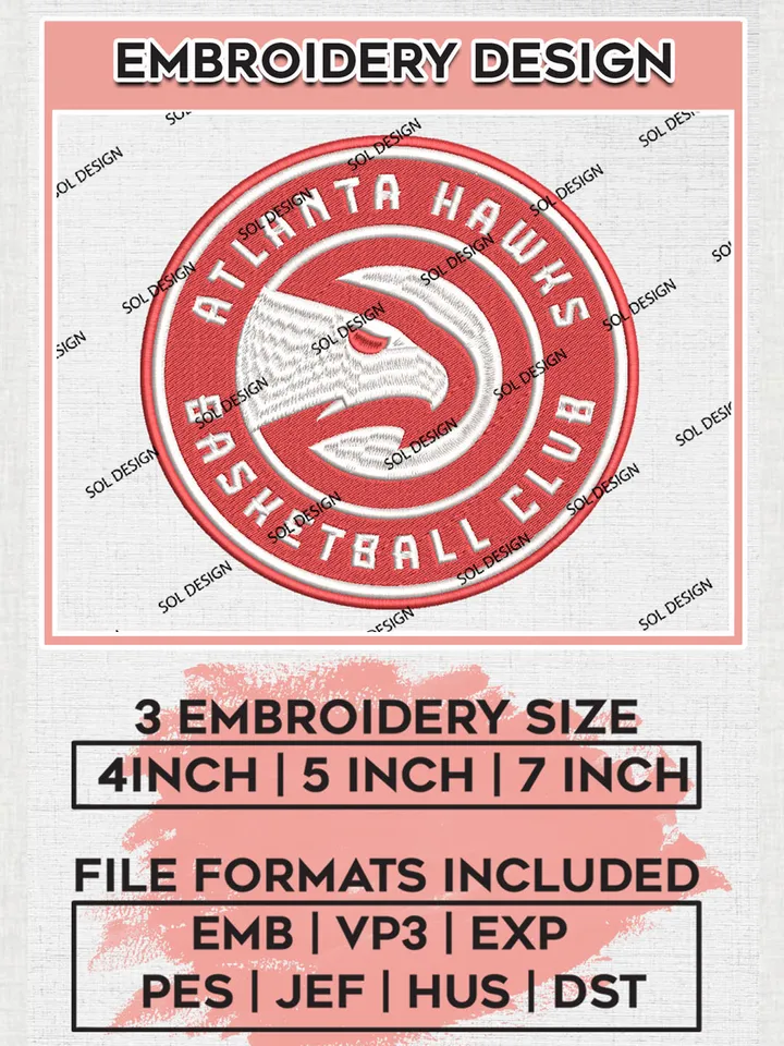NBA Atlanta Hawks Logo Embroidery Design, NBA Atlanta Hawks Machine Embroidery Files, NBA Machine Embroidery Design, Machine Embroidery Design, Digital Download