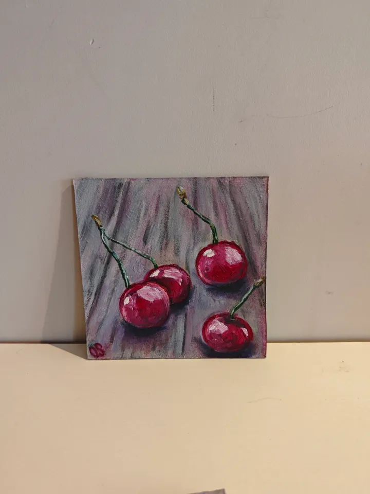 Cherries Original Painting Fruit Original Art Cherries Modern Artwork Bright Cherry Oil Painting Cherry Fruit Wall Art Decor 5 x 5 inches by OlgaSokolovaArt