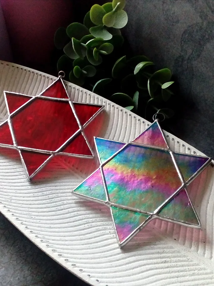 Set of 2 snowflake suncatchers, christmas ornaments, simple stained glass, Christmas decorations, Xmas tree star