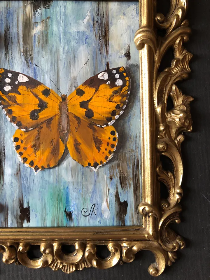 Butterfly Painting Framed Antique Metal Frame Shabby Chic Painting