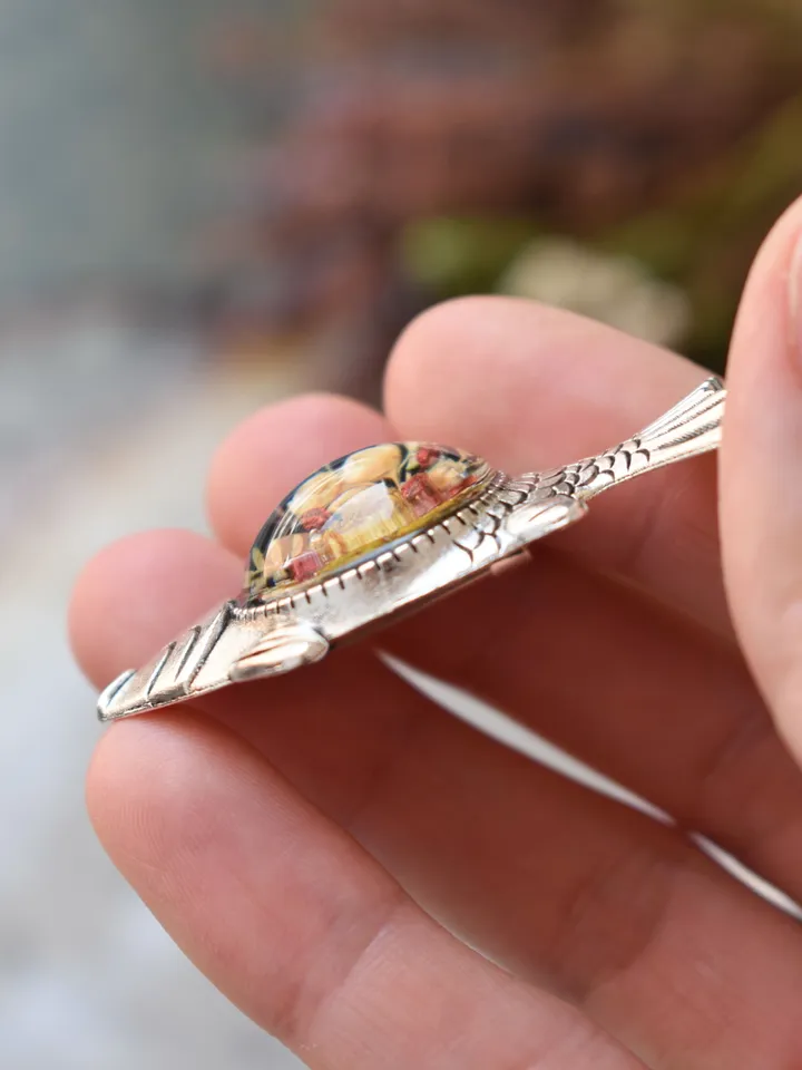 Brooch-fish with wildflowers in resin. Real Flower Brooch. Summer Brooch.