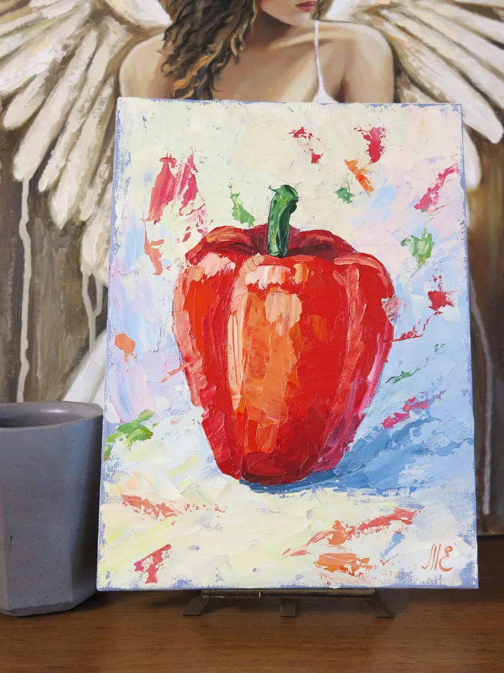 Original Oil Painting Red Pepper Kitchen Decor Canvas Art
