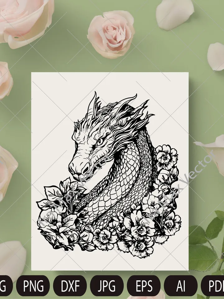 Dragon svg, Dragon detailed, Dragon Clipart, Dragon in flowers, Chinese Dragon SVG, Fantasy Dragon SVG, Asian dragon Svg, Dragon Silhouette