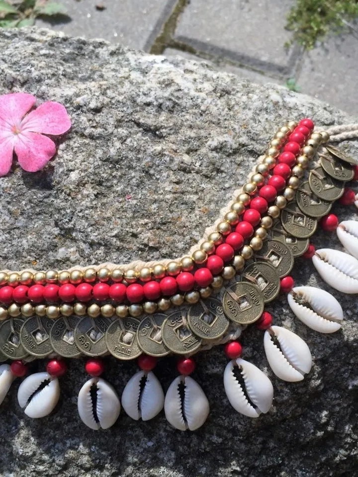 Tie Cowrie Shell Makrame Choker | Boho Jewerly | Hippie Coachella Necklace Red | Woman Bali Tropical Shell Coins Necklace Handmade Gypsy