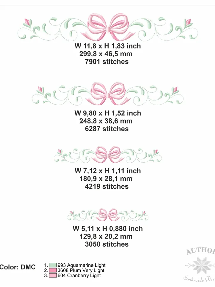 Bow embroidery design Machine embroidery pattern 4 size Scroll border embroidery, Pretty bow satin with flourish embroidery for girl #R41