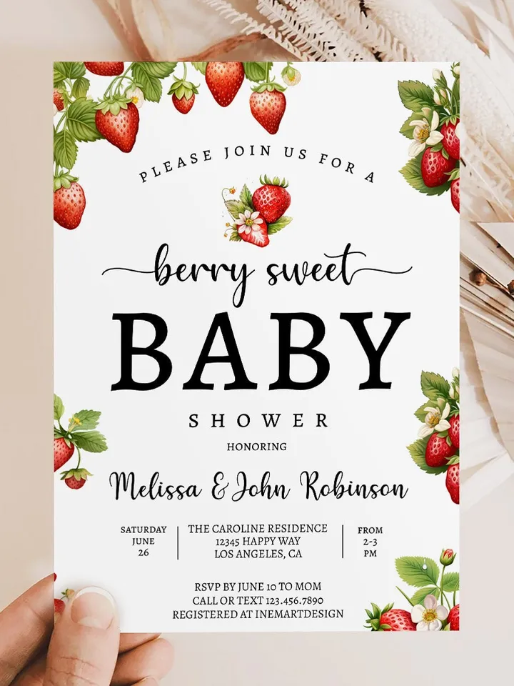 Editable Strawberry Baby Shower Invitation Berry Sweet Baby Shower Invite Berry Sweet Baby Shower Invite Printable BSH001