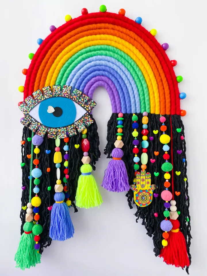 Extra large wall decor, Unique macrame rainbow wall hanging with eye and hamsa hand charm, Boho home aesthetic