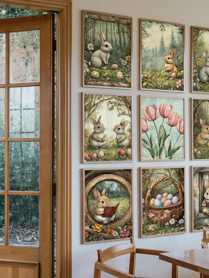 50+Printable Neutral Spring Prints, Gallery Set of Spring Wall Art, Easter Bunny Painting, Farmhouse Easter Painting, Easter Farmhouse Decor