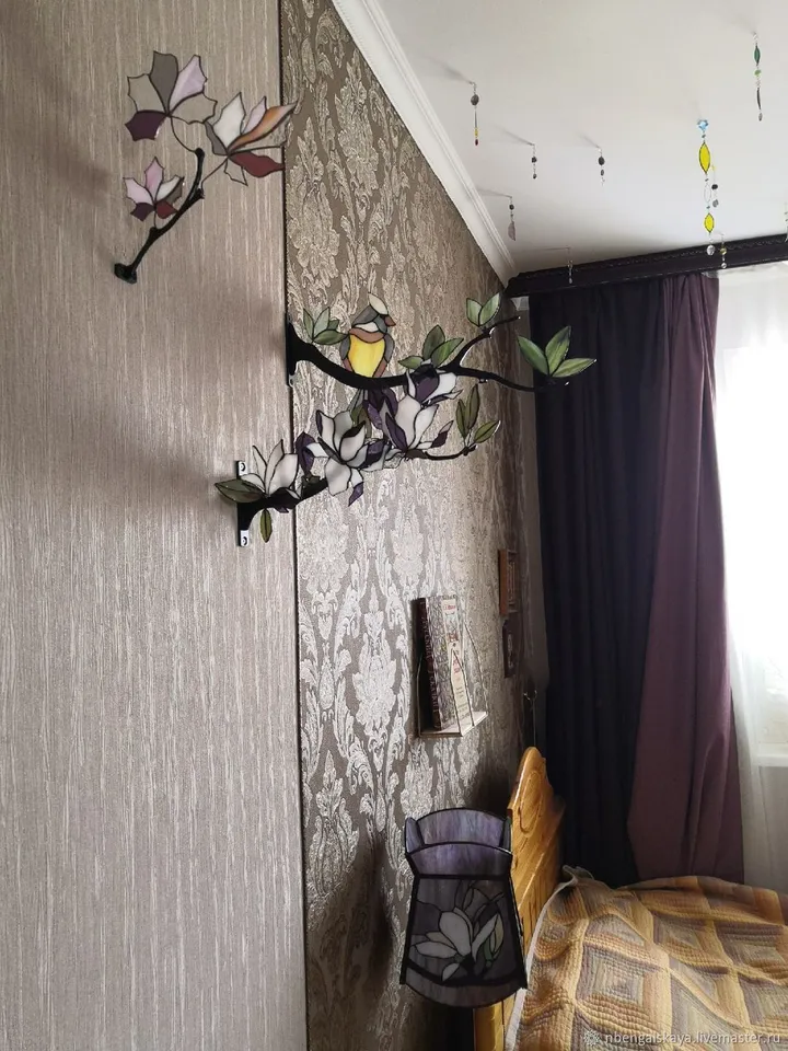 Purple Magnolia Branch. Tiffany-Style Stained Glass (3D Composition), Branch of Purple Magnolias. Tiffany-Style Stained Glass (3D Composition), Purple Magnolia Branch. 3D Tiffany-Style Stained Glass, Tiffany Stained Glass Branch with Purple Magnolias