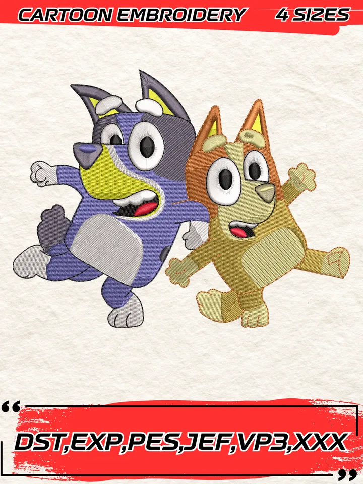 Bluey and Bingo Embroidery Design,Bluey Embroidery Design ,Machine Embroidery Design File,4 Sizes, Digital Download