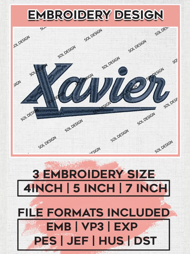Xavier NCAA College Team Writing Logo Embroidery Design Files, NCAA Xavier Musketeers Machine Embroidery, NCAA Teams, 3 sizes, NCAA Machine embroidery designs, Digital Download