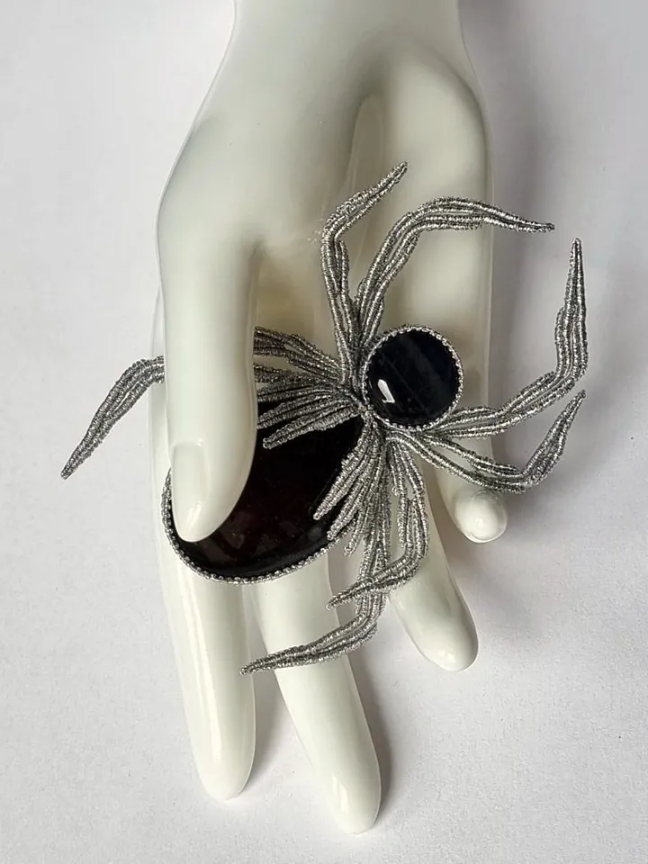 Silver Obsidian Spider brooch