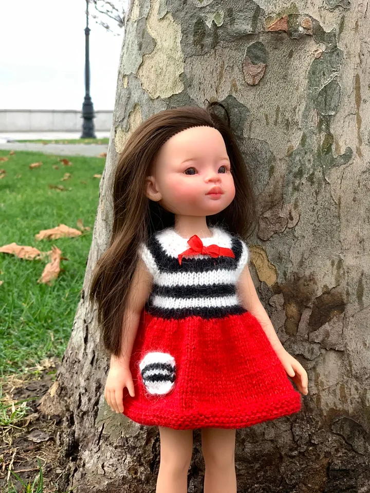 French Dress for Paola Reina doll KNIT PATTERN Oar dress for Boneka 12-13 inch doll, Ruby Red Siblies, Les Cheries 32 cm PDF eng