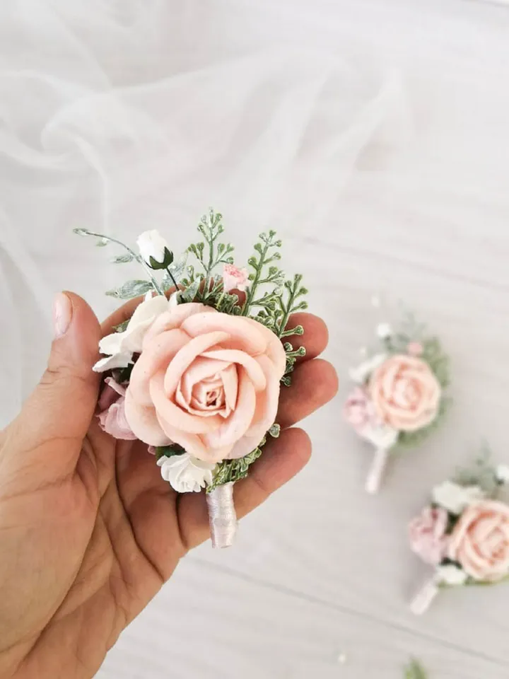 Blush Boutonniere, Blush pink wedding, Silk paper flowers, Rose Boutonniere, Wedding boutonniere for men
