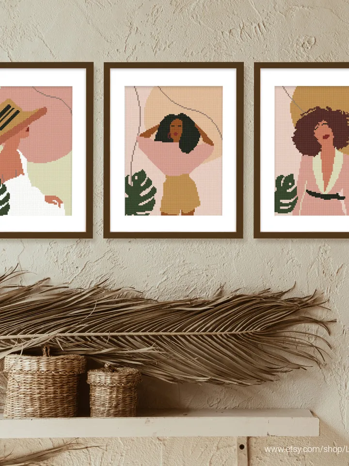 Bundle of 6 woman boho style cross stitch pattern, Floral, nature, girl home decor counted chart gift DIY embroidery beginner instant PDF