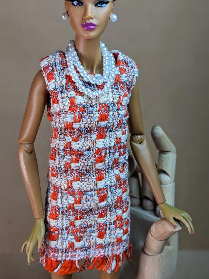 Handmade checked bouclé mini dress for 16-inch Fashion Royalty dolls (FR16)