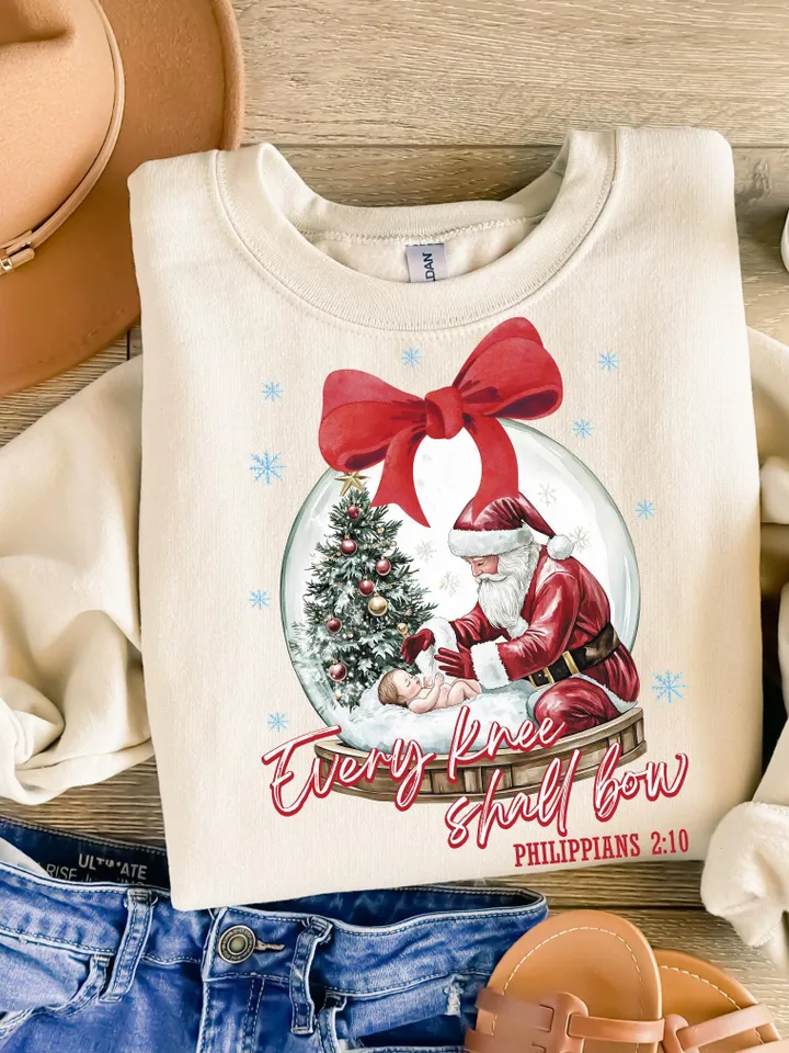 Every Knee Shall Bow PNG sublimation, Nativity Scene Png, Santa Christmas Png, Christmas Shirt, Kneeling Santa Png, Baby Jesus Png