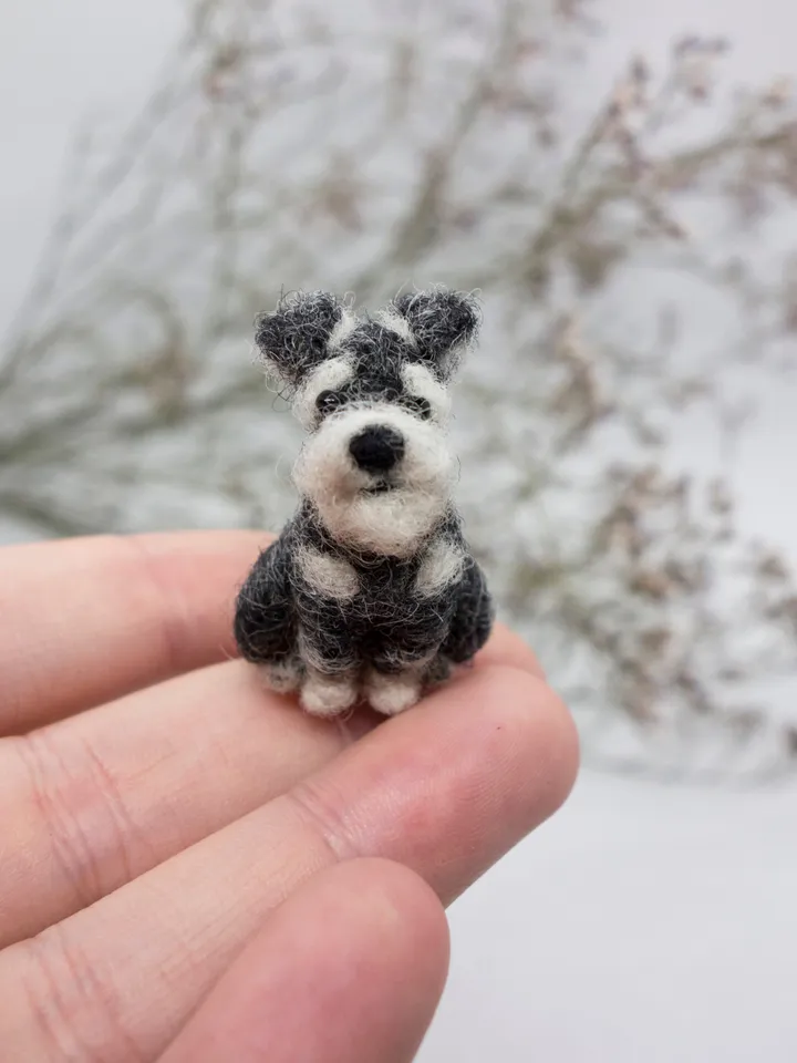 Tiny needle felted gray schnauzer, miniature felted pet, dog portrait, made to order
