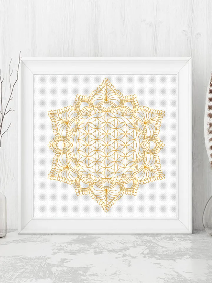 Flower of life mandala blackwork pattern PDF Floral mandala hand embroidery download PDF, Monochrome backstitch chart Mandala ornament #W23