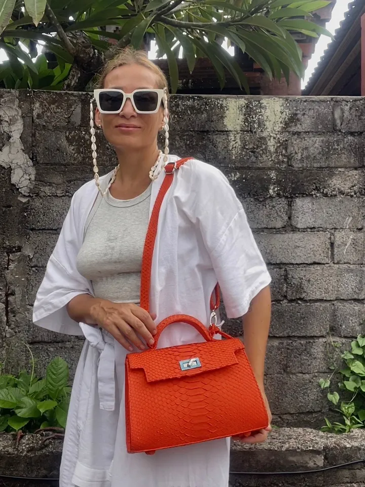 Top handle orange classy genuine python skin bag | exotic leather bags | Elegant women purse | snake skin bag | designer leather bag