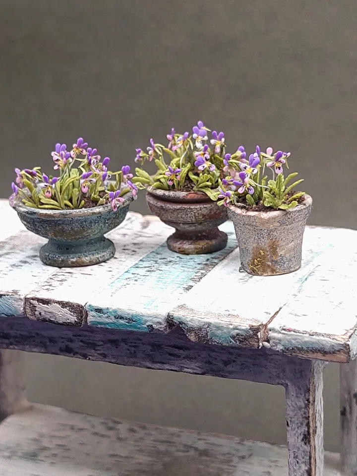 Miniature realistic pansies (violets) 1:12 scale in a planter , flowers for a dollhouse, a vegetable garden, plants for a rumbox